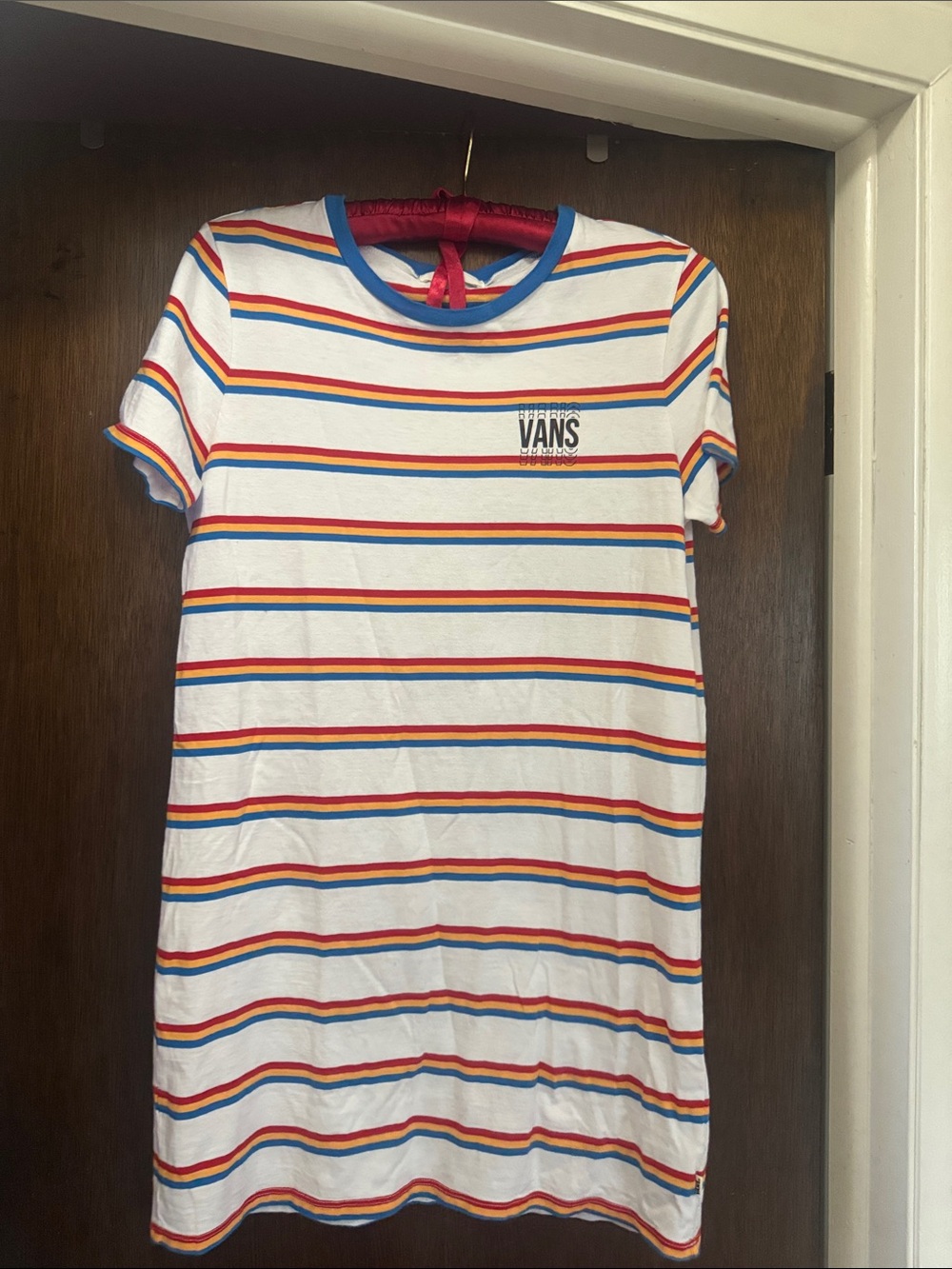 Vans White Tee Dress with Rainbow Stripes and Blue Trim
